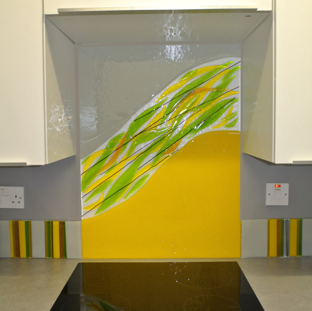 Spring Zest Handmade Bespoke Glass Splashback in Citrus Colours with matching Glass Upstands